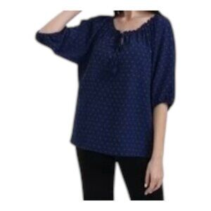 89th & Madison Women’s Medieval Blue Jacquard Tie Neck Ruffle Top